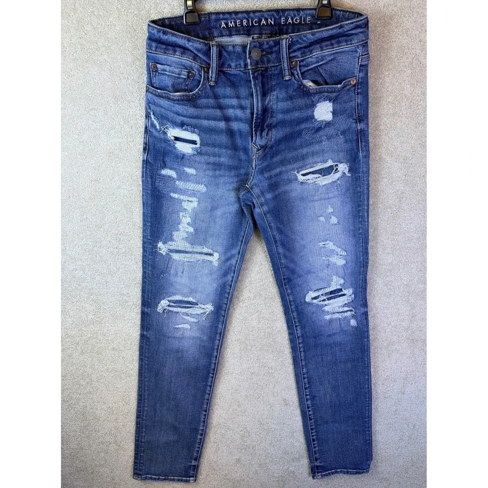 American Eagle Slim Jeans Mens 30x32 Blue Distressed Next Level Airflex Thrashed